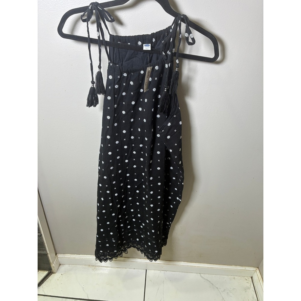 Old Navy Womens XL Tall Black Floral Tie Shoulder Tassel Cotton Halter Dress NWT